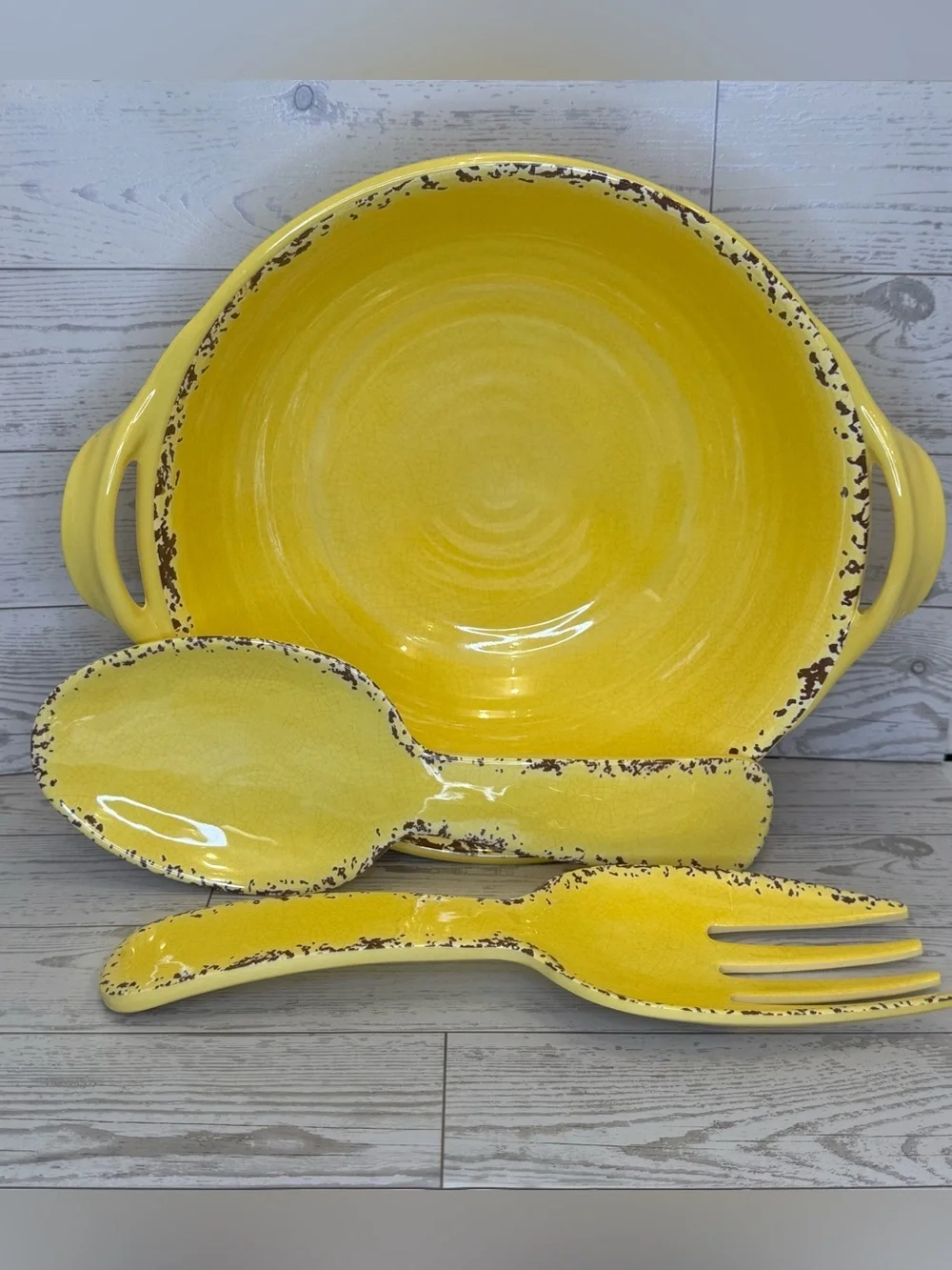 Tommy Bahama Rustic Crackle Tuscan Melamine Collection 12” Bowl Fork and Spoon